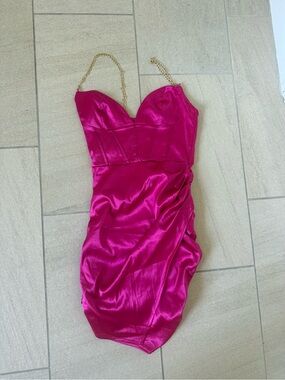 Oh Polly Hot Pink Satin Chain-Strap Mini Dress